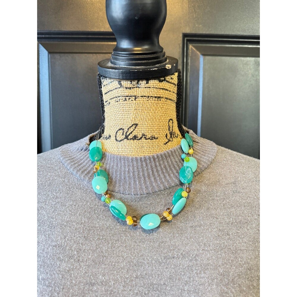 chunky, double-strand beaded necklace various shades of blue, green, & yellow